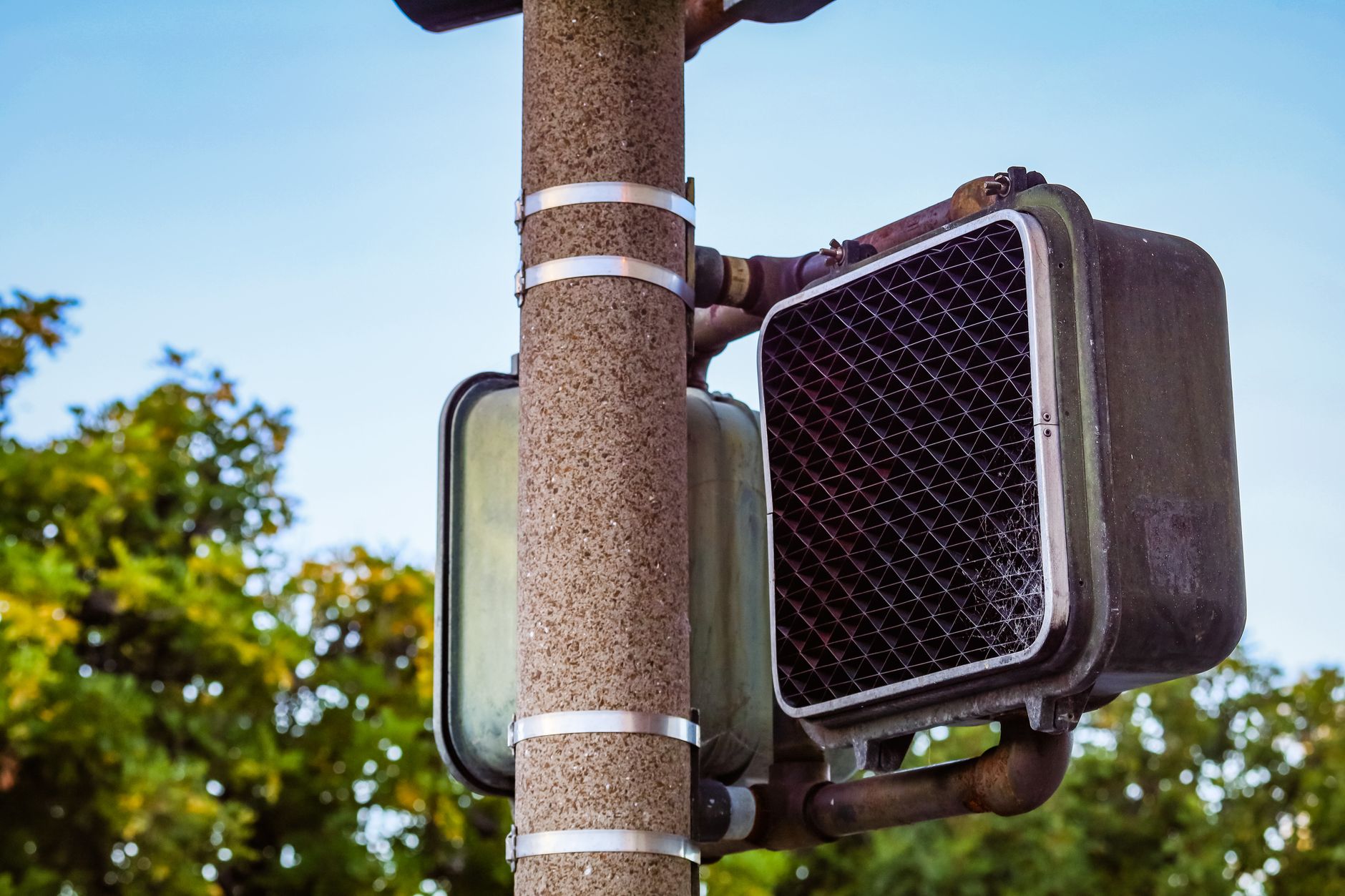 Detailed image of an urban lamppost with a traffic light and trees in the background.