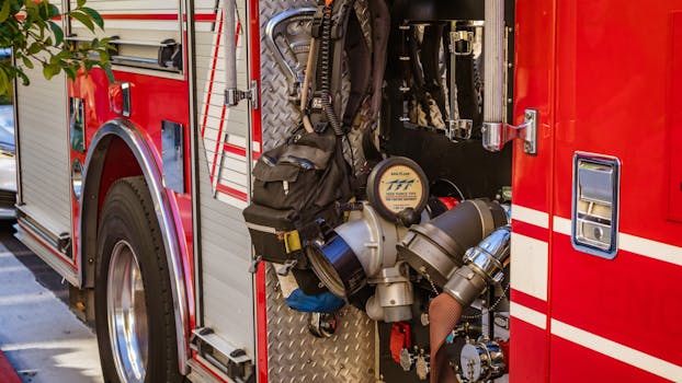 Close-up shot of a fire truck's open equipment compartment showcasing hoses and tools.