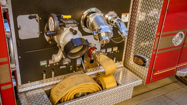 Detailed view of fire truck hose connections and equipment.