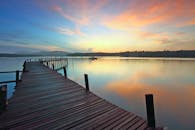 宁静的湖景和木制码头倒映在平静的水面上，反射着日落的色调