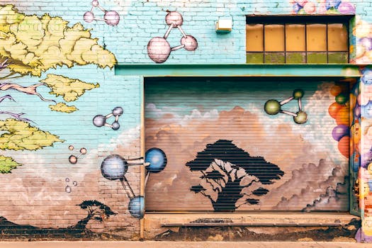 帕萨迪纳砖墙上的彩色壁画以树木和分子形状为特色