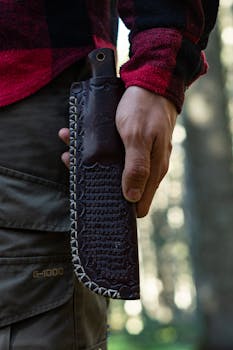A close-up shot of a man's hand holding a sheathed knife against a forest backdrop in Bolu, Turkey.