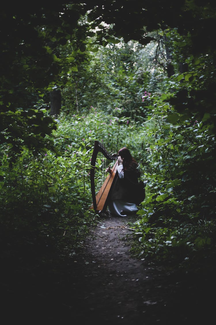 Woman Playing Harp In Lush Foliage