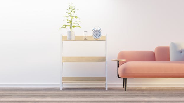 A modern minimalist living room with a pink sofa, wooden shelf, and indoor plant.