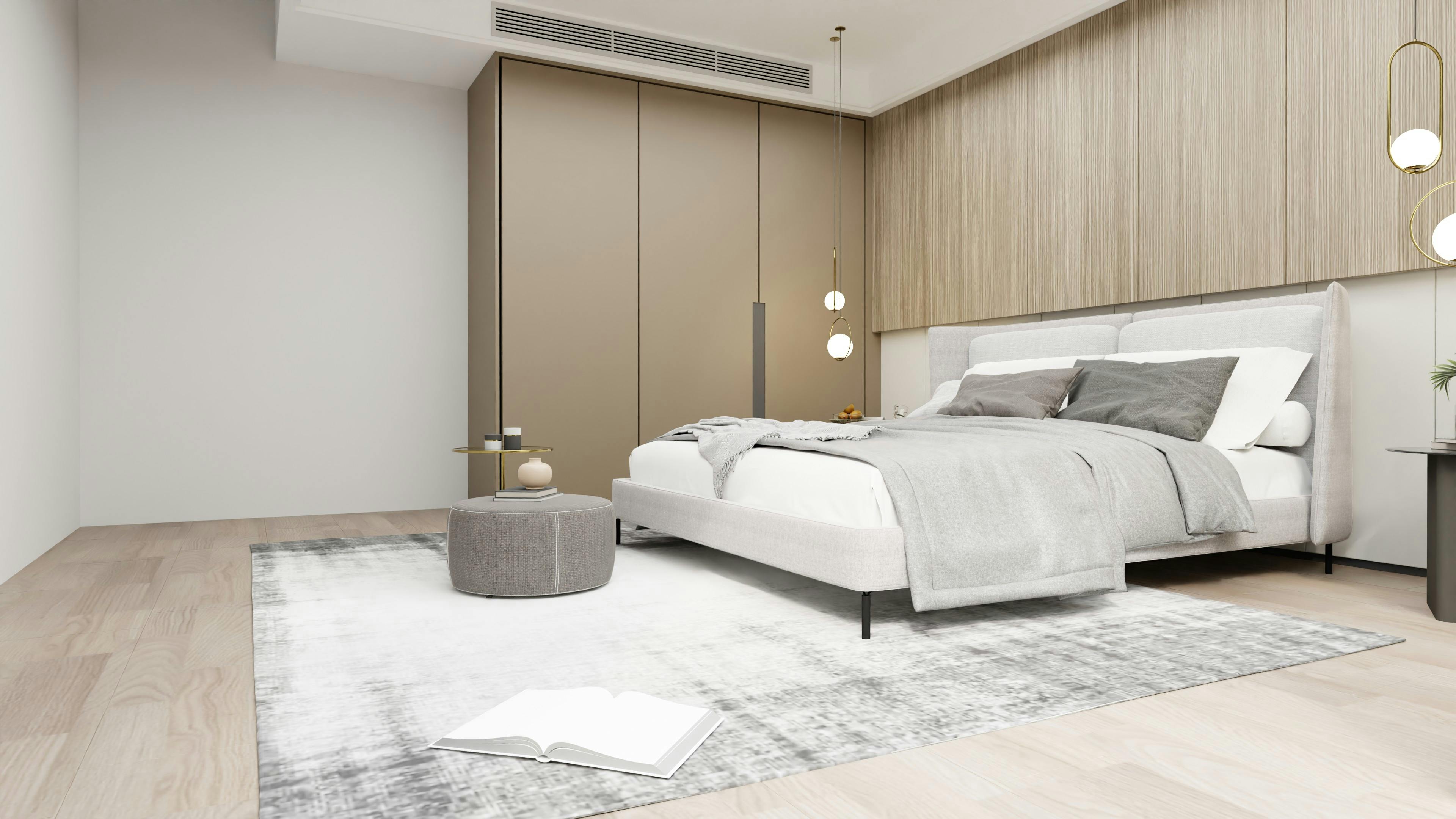 Luxurious modern minimalist bedroom design with wood accents and cozy bedding. Perfect for interior design inspiration.