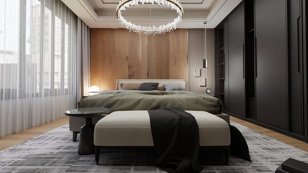 Elegant modern bedroom interior featuring sleek design elements and ambient lighting for a cozy atmosphere.