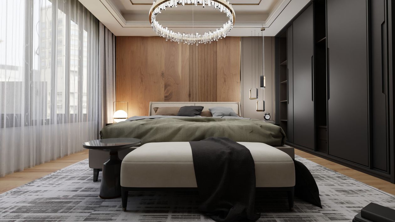 Luxury bedroom interior with chandelier, statement bed and negative space — exactly how expensive rooms look