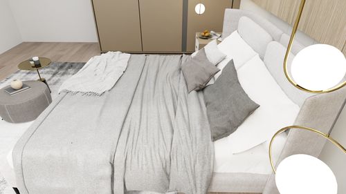 Free Stylish and cozy minimalist bedroom with neutral tones and modern decor accents. Stock Photo