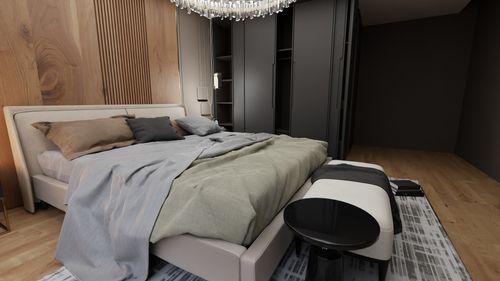 Free Elegant bedroom showcasing modern design with cozy bedding and neoclassical elements. Stock Photo