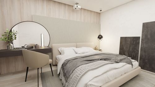 Free Stylish and cozy bedroom with modern decor, featuring soft textiles and elegant details. Stock Photo