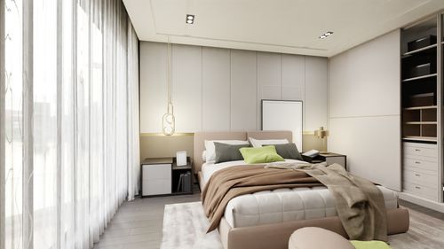 Free Bright and airy minimalist bedroom design with soft lighting and cozy bedding. Stock Photo