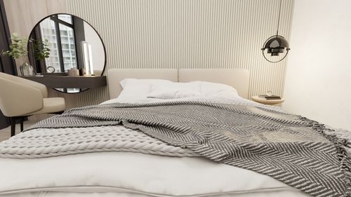 Free A stylish bedroom with minimalistic decor and a cozy bed, featuring elegant lighting and furnishings. Stock Photo