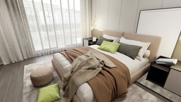 Stylish and cozy modern bedroom with elegant decor and bright natural lighting.