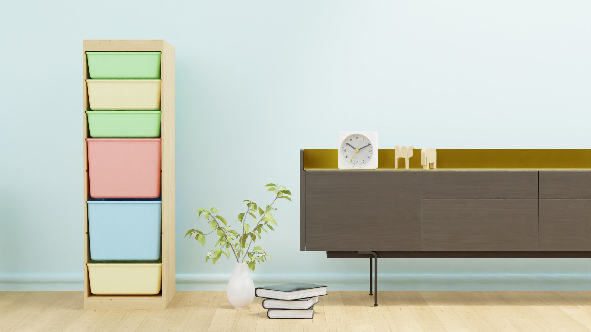 Minimalist room with colorful storage bins, sleek cabinet, and a clock for modern interior design.