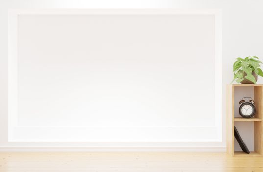A minimalist wooden shelf with a vintage clock and potted plant set against a white wall, offering ample copy space.
