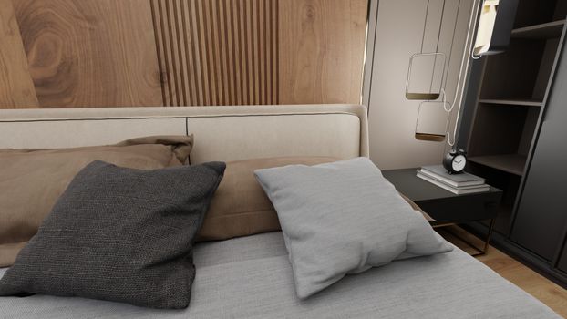 Stylish bedroom with soft pillows, wooden paneling, and elegant accessories for a cozy feel.