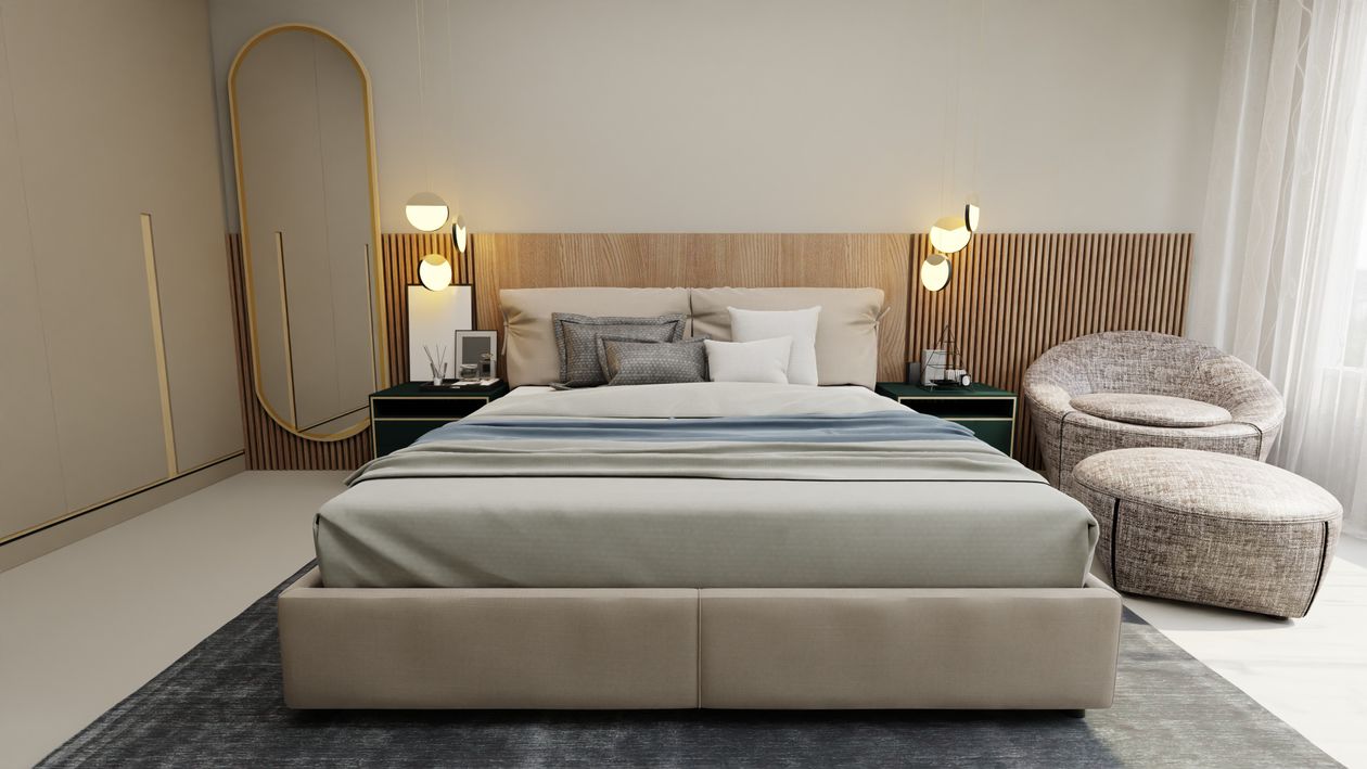 Free Elegant beige bedroom with stylish furnishings and decor. Stock Photo