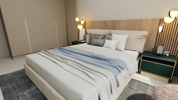 A modern bedroom with soft lighting, cozy blankets, and chic decor for a comfortable setting.