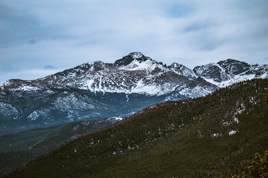 Breathtaking view of snow-capped mountains with forested foreground and dramatic cloudy sky.