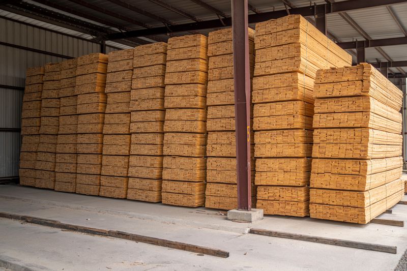 Stacked plywood and timber in the KK Plywood warehouse