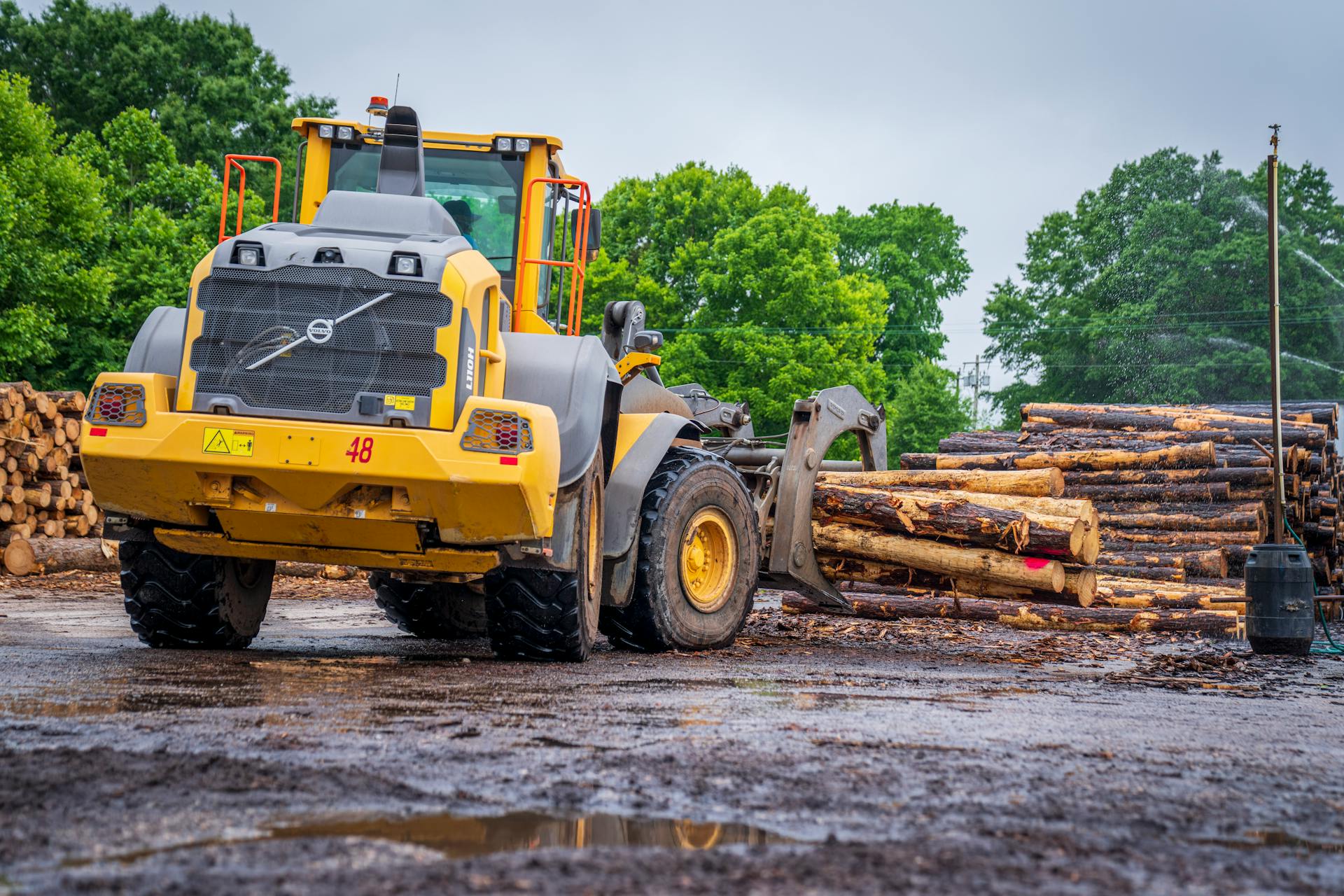 Yellow industrial loader carrying tree logs in a muddy lumber yard setting.