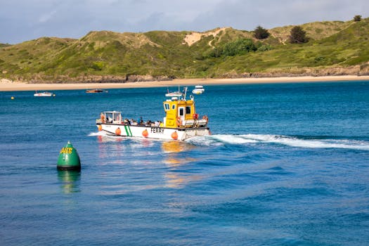 Colorful ferry traversing coastal waters with lush hills in the background.