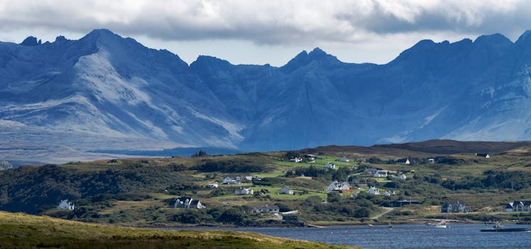Stunning view of Ullinish village with Cuillin mountains, capturing the essence of Scottish Highland beauty.