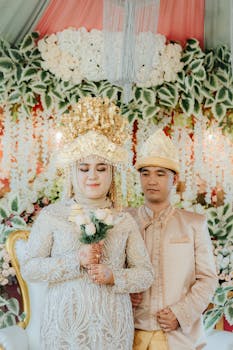 Bride and groom in ornate traditional attire during an Indonesian wedding ceremony.