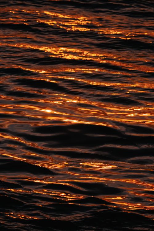 Free Close-up of golden sunset light reflecting on the rippling ocean surface, creating a serene landscape. Stock Photo