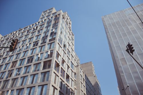 Free Low-angle view of modern high-rise buildings and sky in Mexico City. Stock Photo