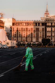A street cleaner sweeps a city road in the early morning light, with historic architecture in the background.