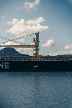 A cargo ship docked at a harbor under a clear blue sky with mountainous background.