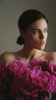 Thoughtful woman with pink peonies against a neutral backdrop, exuding elegance and grace.