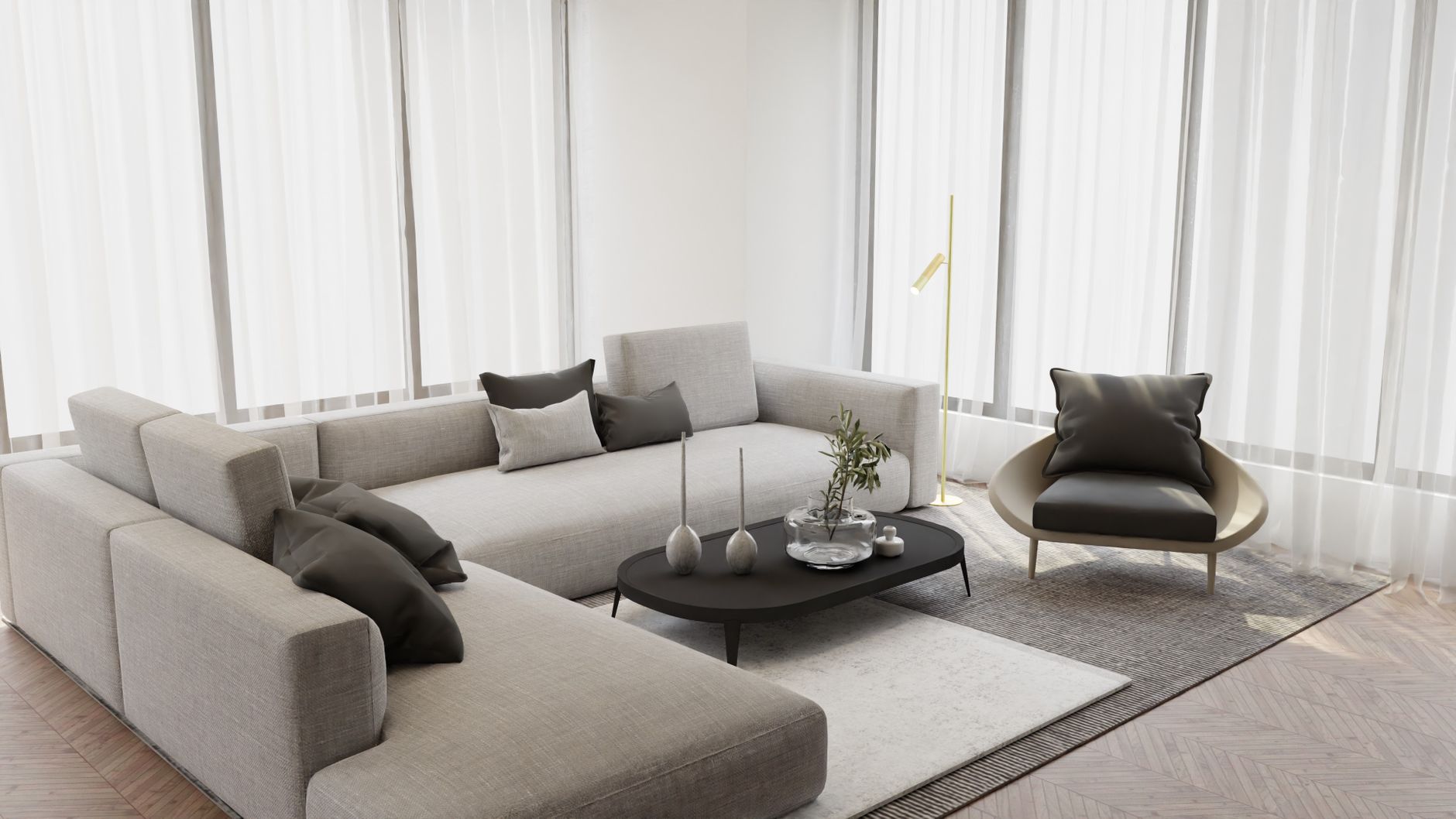 Modern ve minimalist bir iç mekanda kullanılan açık tonlu, ahşap görünümlü vinil zemin kaplaması.