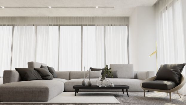 Bright and stylish modern living room interior featuring a chic gray sofa and a sleek coffee table.