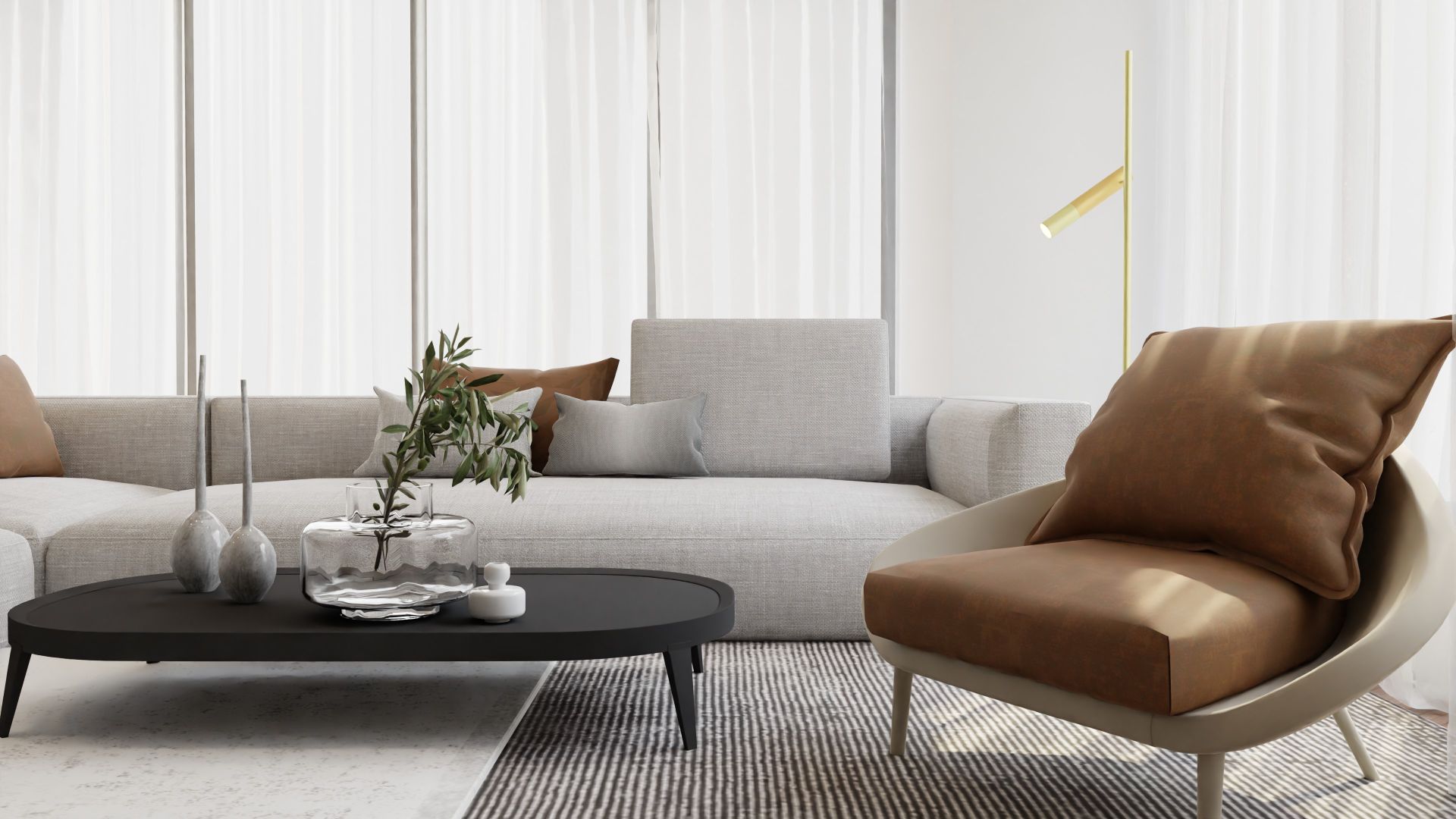 Salon contemporain lumineux avec une table basse design