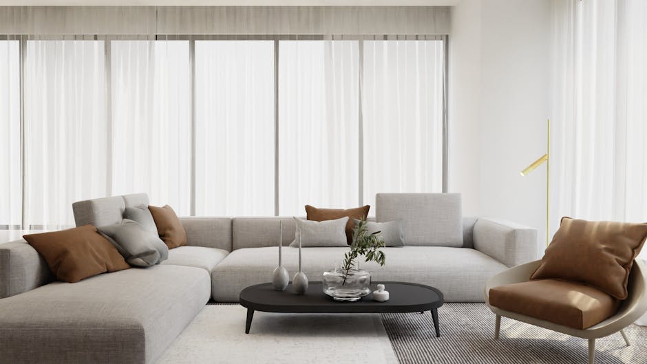 Salon w nowoczesnym stylu z tapczanem na jasnej drewnianej podłodze, pokazujący bezpieczne odstępy i stabilne nóżki