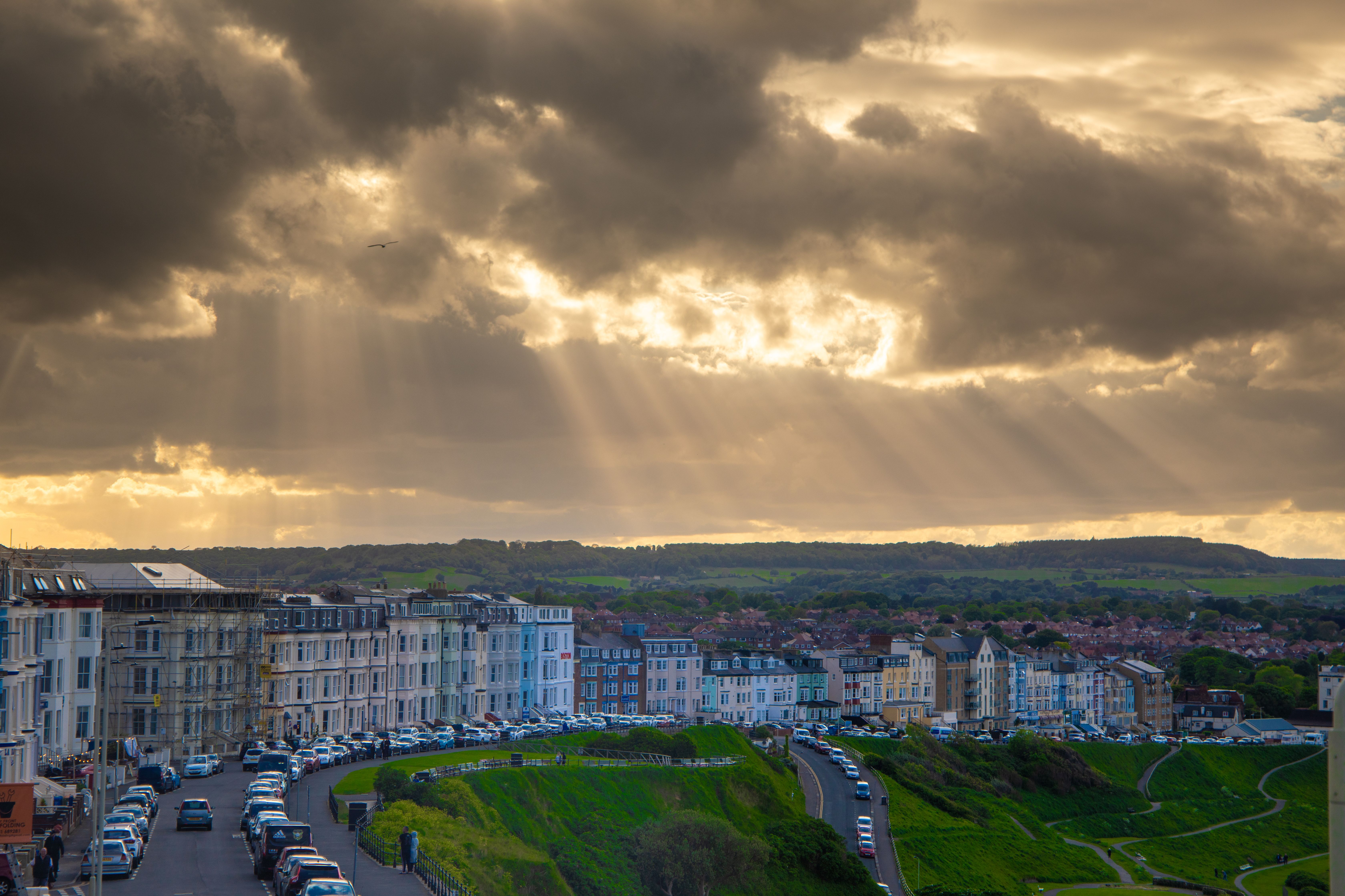 Victorian terraces of The Crescent above Filey Bay with the beach and Filey Brigg beyond