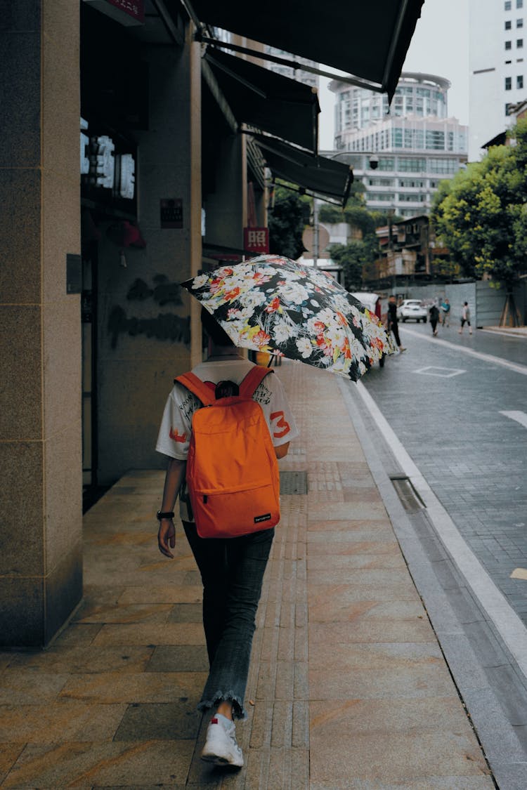 Person Walking With Umbrella And Backpack In City