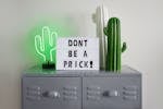 Green and White Cactus Table Decor on Gray Steel File Cabinet