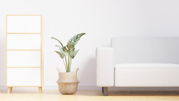 A cozy minimalist living room featuring a white sofa, indoor plant, and wooden furniture.