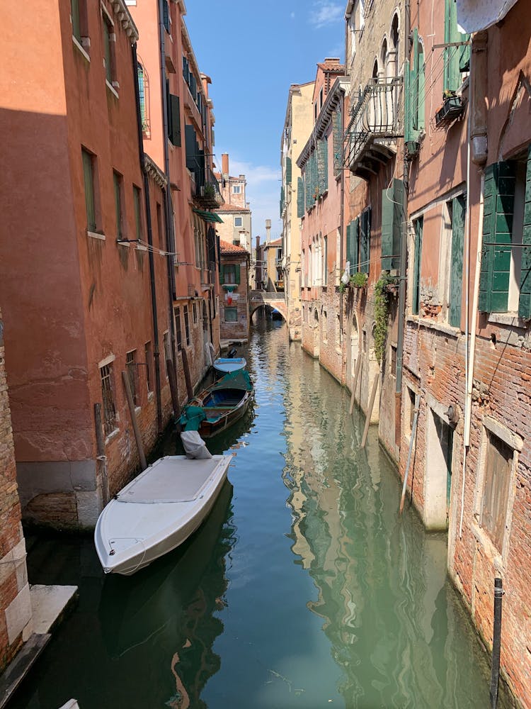 Boats Docked On River Between Houses