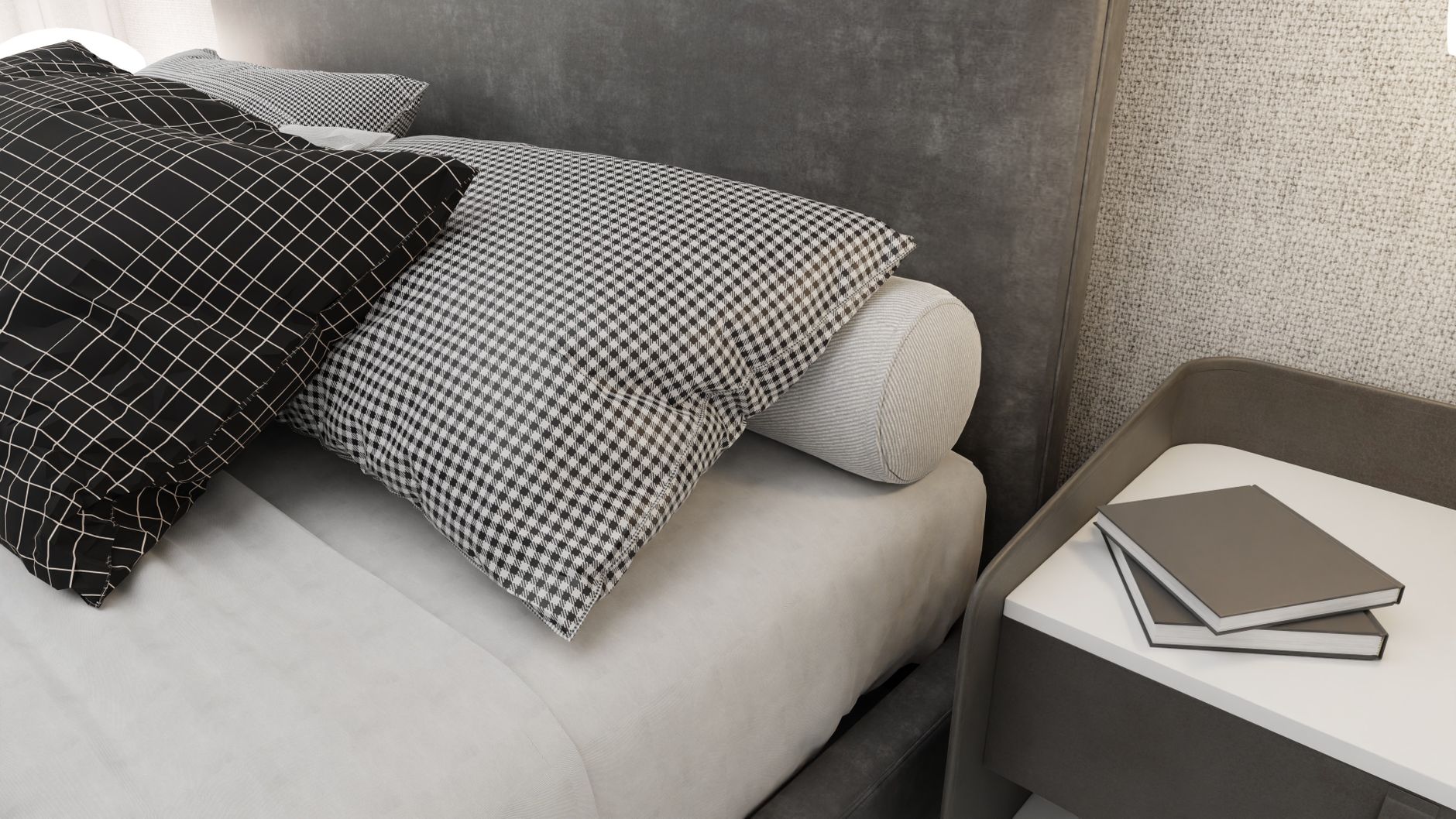 A contemporary bedroom showcasing patterned pillows and a minimalistic side table for a chic interior design.