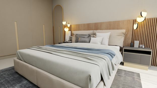 A cozy and stylish Scandinavian bedroom featuring a comfortable bed and elegant decor.