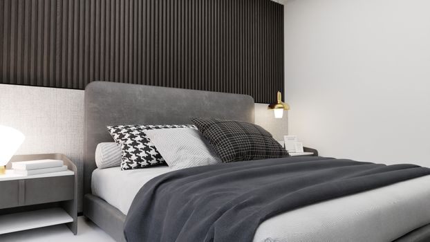 Cozy Scandinavian bedroom featuring stylish furniture and modern decor elements.