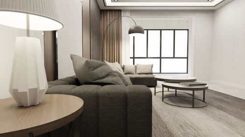 Free Stylish Scandinavian living room featuring elegant furniture and contemporary design elements. Stock Photo