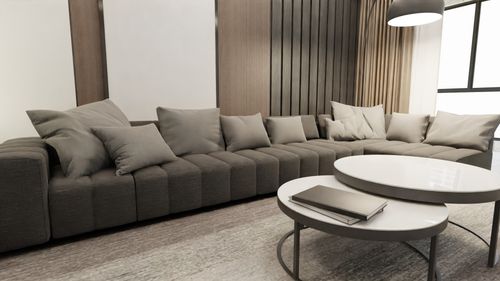 Free A cozy, minimalist Scandinavian living room with a gray couch and modern furniture. Stock Photo