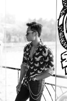 A stylish man in sunglasses posing indoors, wearing a patterned shirt, in a relaxed stance.