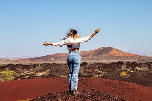Free Backview of Woman with her Arms Raised on a Desert  Stock Photo