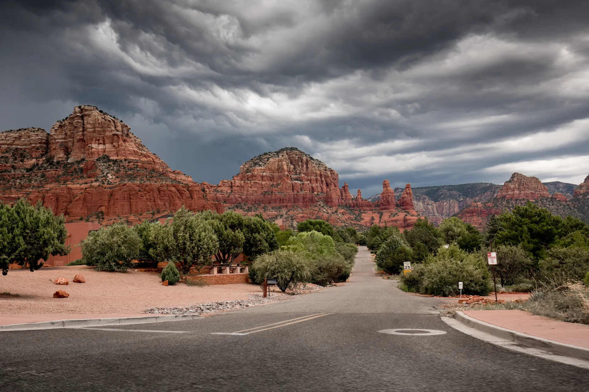 Red sandstone formations under a stormy sky near Sedona, Arizona Red sandstone formations under a stormy sky near Sedona, Arizona